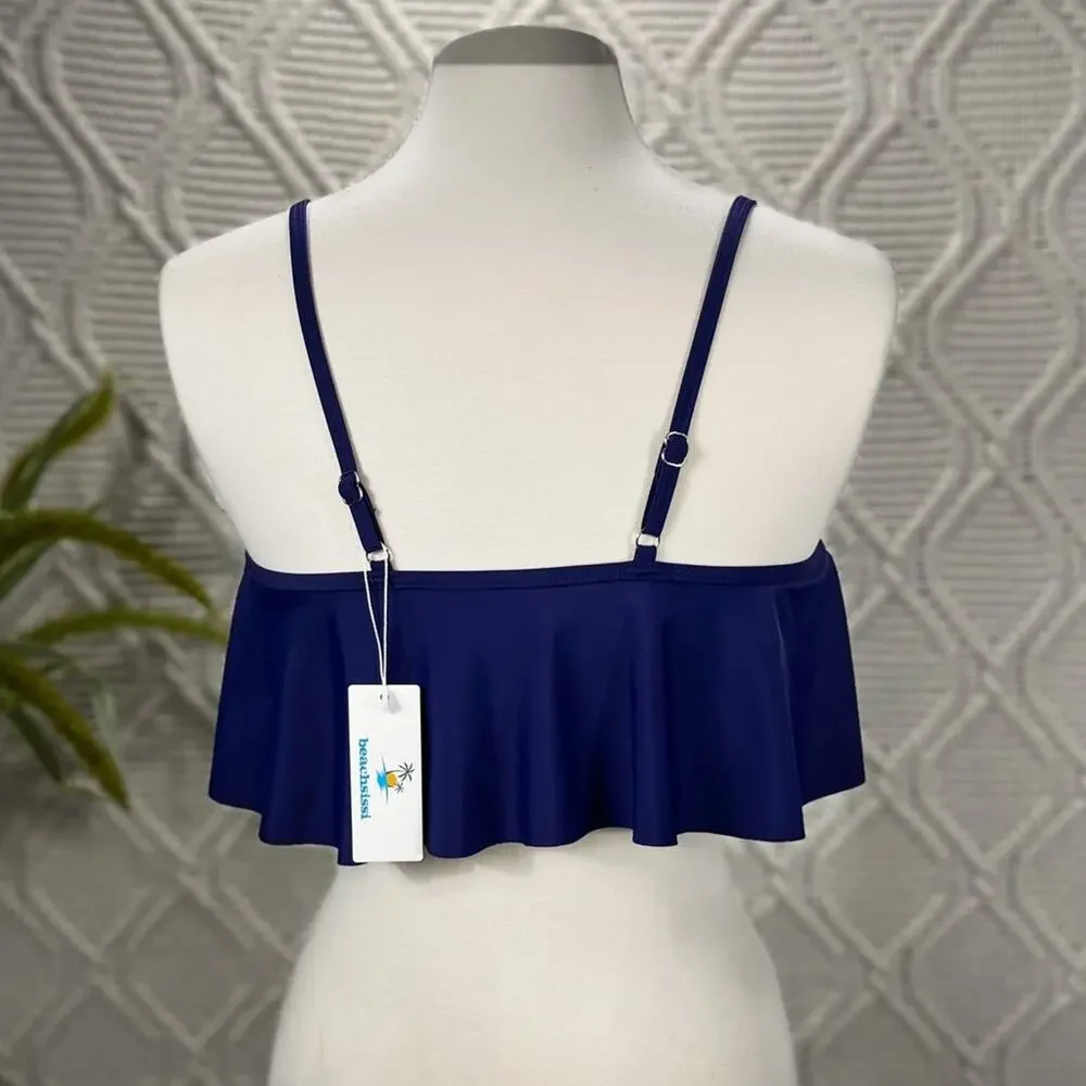 NWT Beachsissi Ruffle Flowy Bandeau Basic Nautical Bikini Top‎ Blue Sz Large